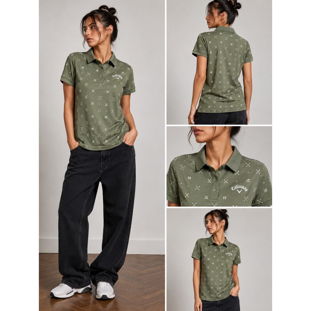 Callaway Polo Shirt Women's Size M Olive Green New Nautical Print Opti-Dri